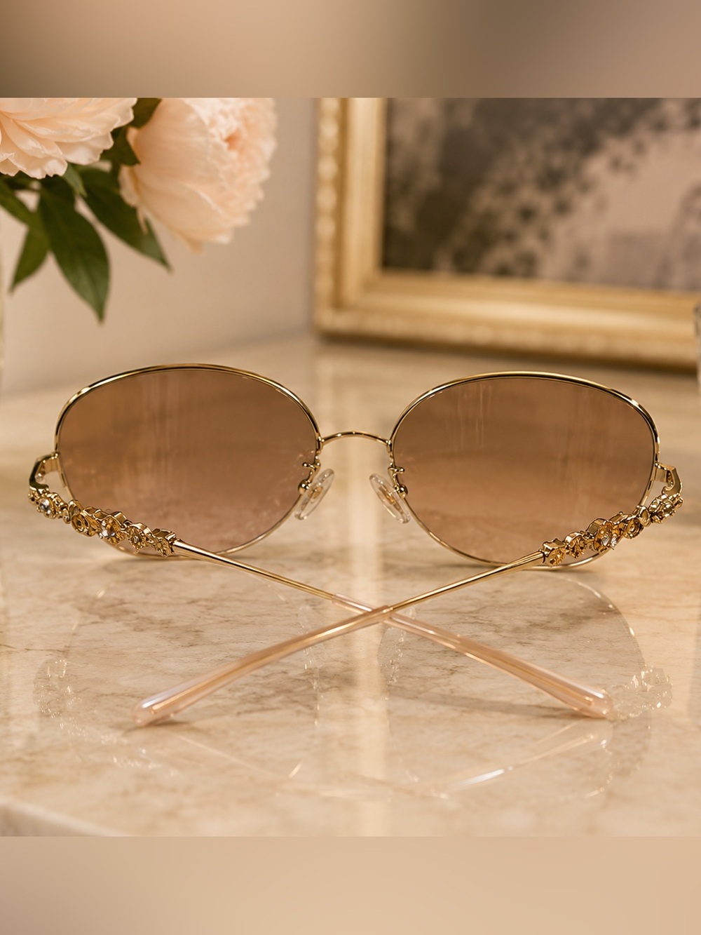 Coach Charm Story Rose Gold Rimless Floral Crystal Sunglasses w/ Case - Picture 4 of 13